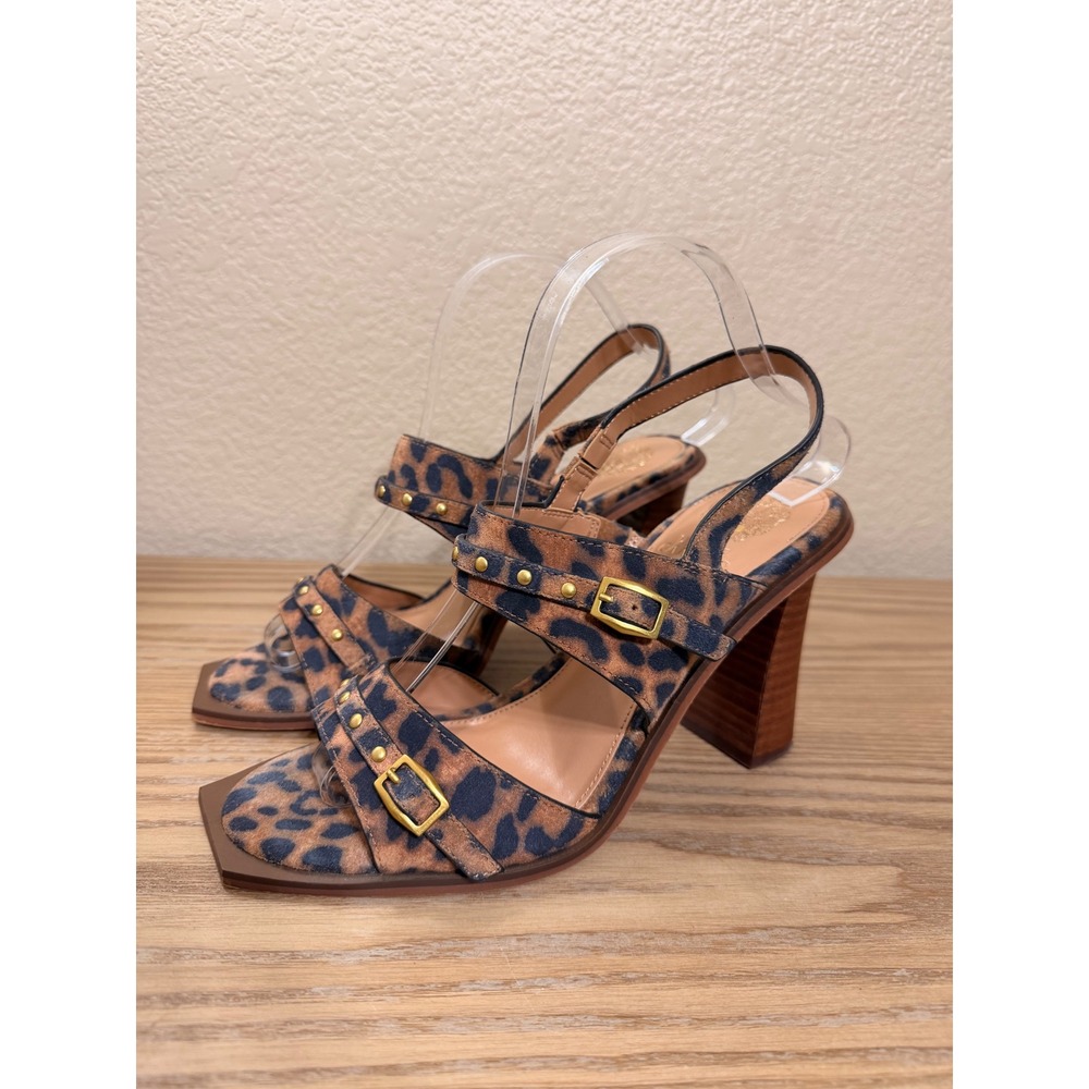 Vince Camuto Ridena Leopard Print Leather Block Heel Sandals Square Toe 9.5